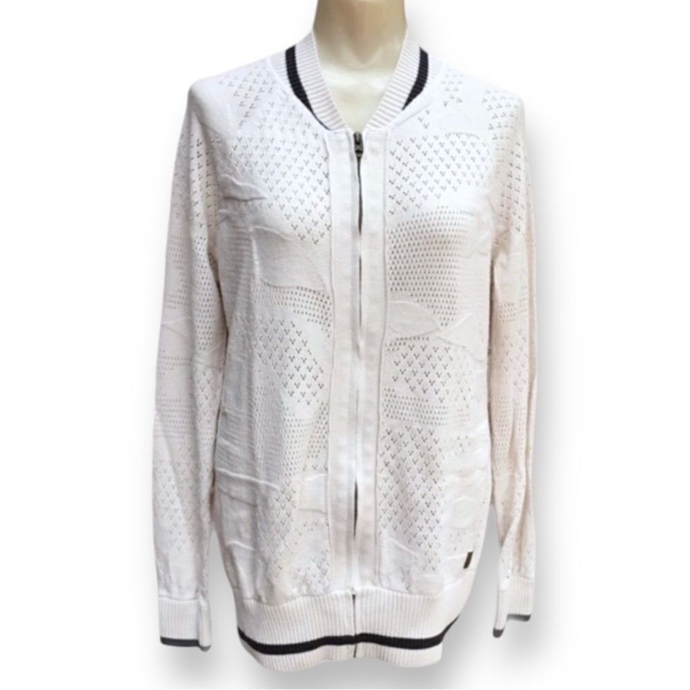 Element Eden Patterned Pointelle Knit Ribbed Knit Trim Full Front Zip Cardigan